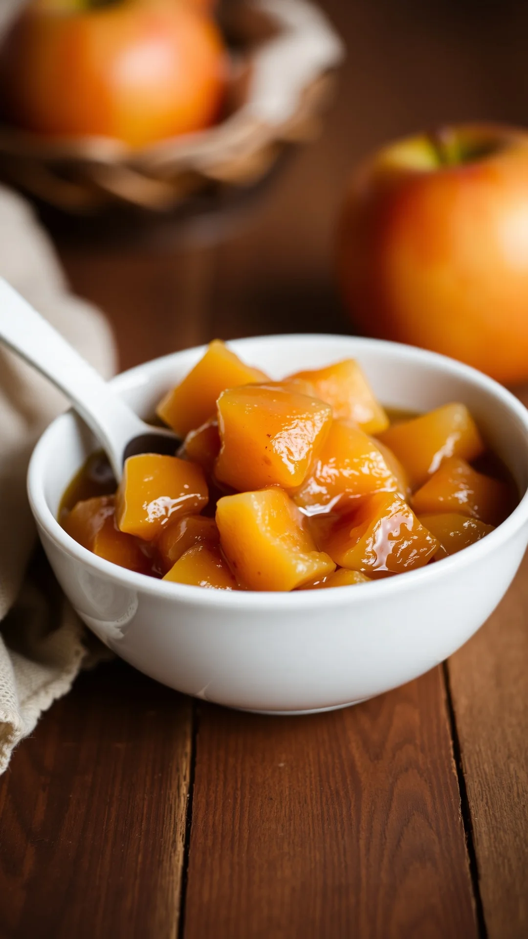Close-up portrait of classic homemade apple compote in a white ceramic bowl, rustic wooden table, warm natural light, smooth