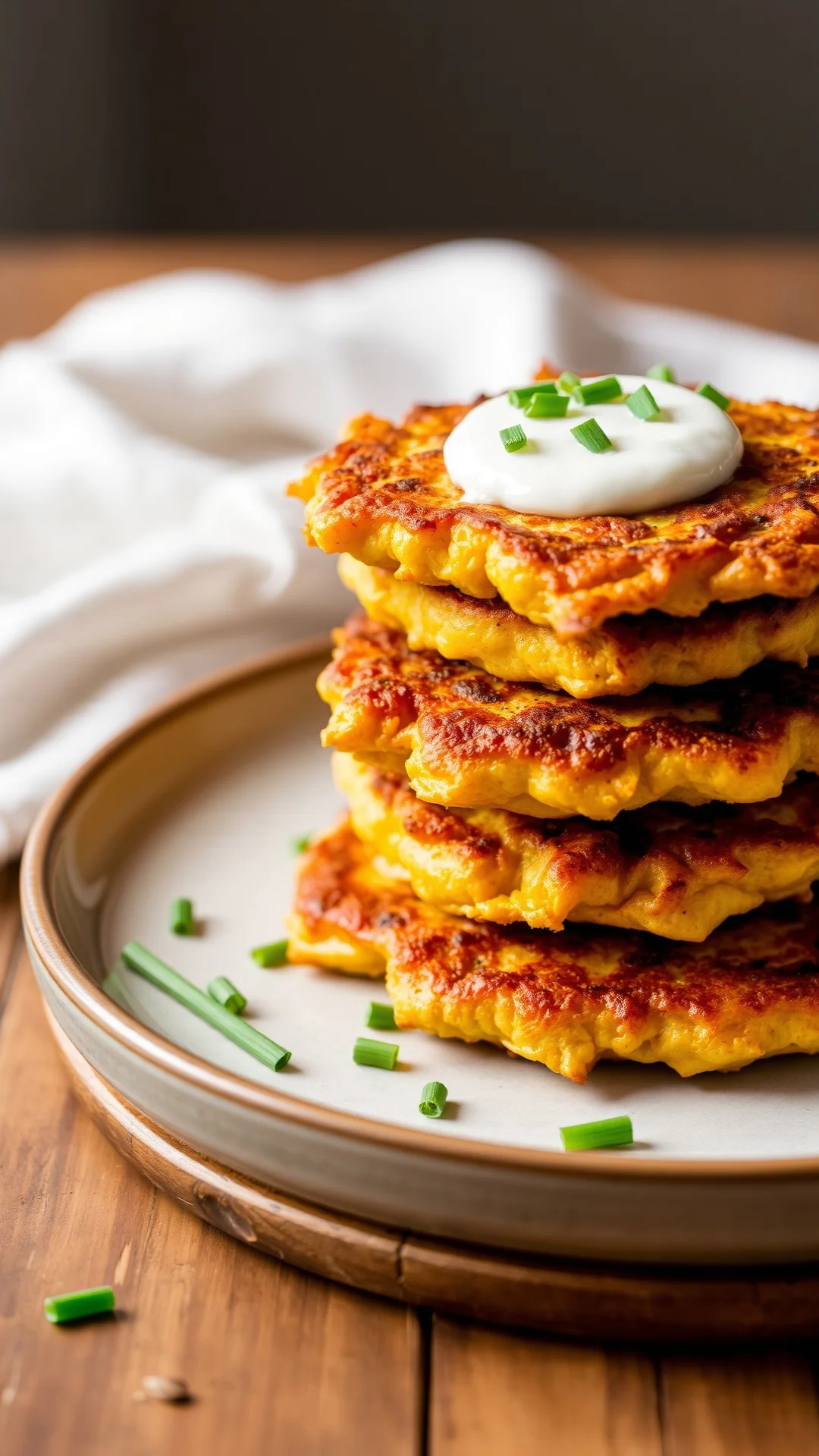 Close-up portrait of crispy golden potimarron squash fritters stacked on a plate with fresh chives and a dollop of sour cream