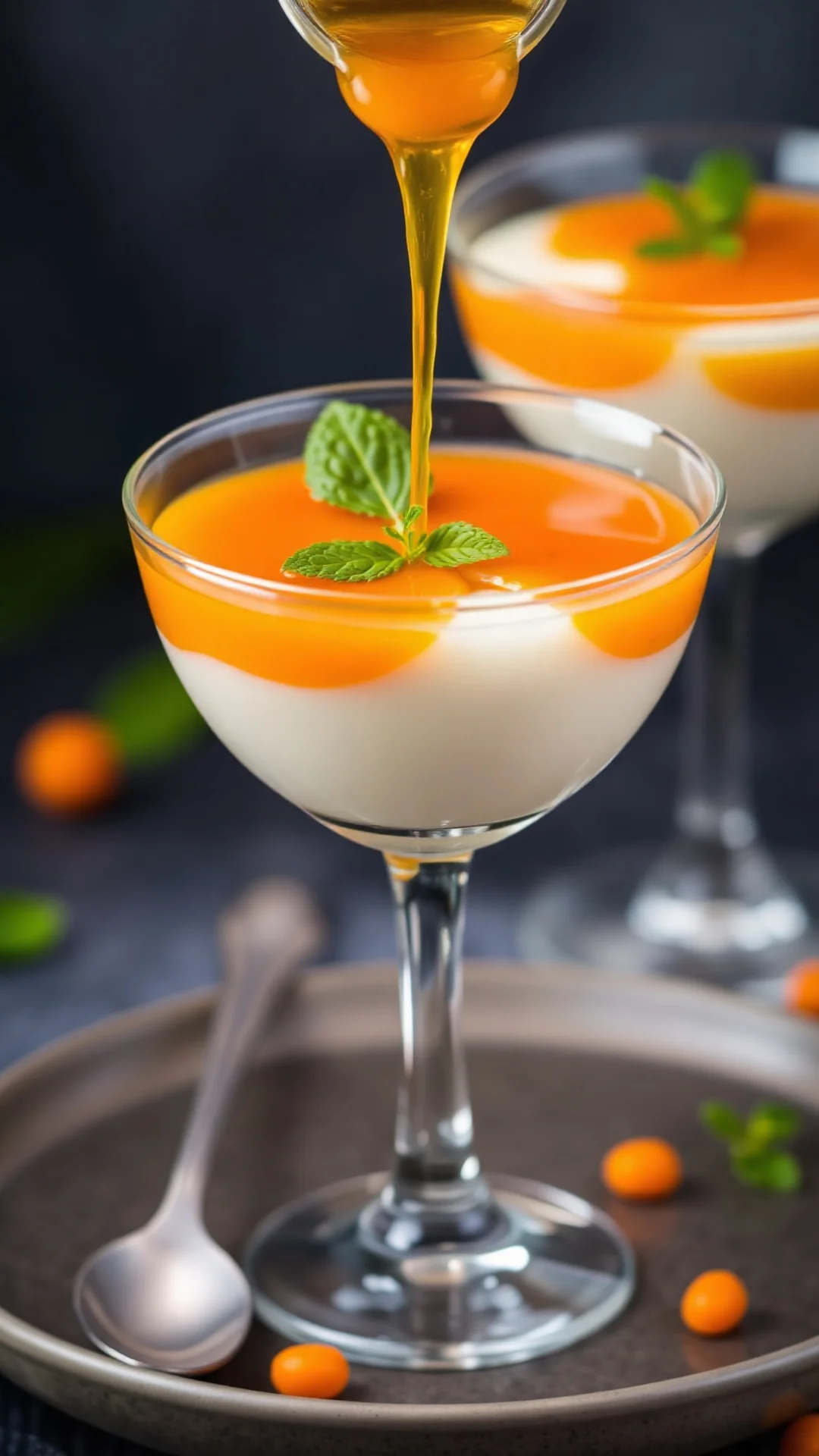 Close-up portrait of elegant apricot panna cotta in a glass, vibrant orange apricot coulis poured on top, creamy white base v