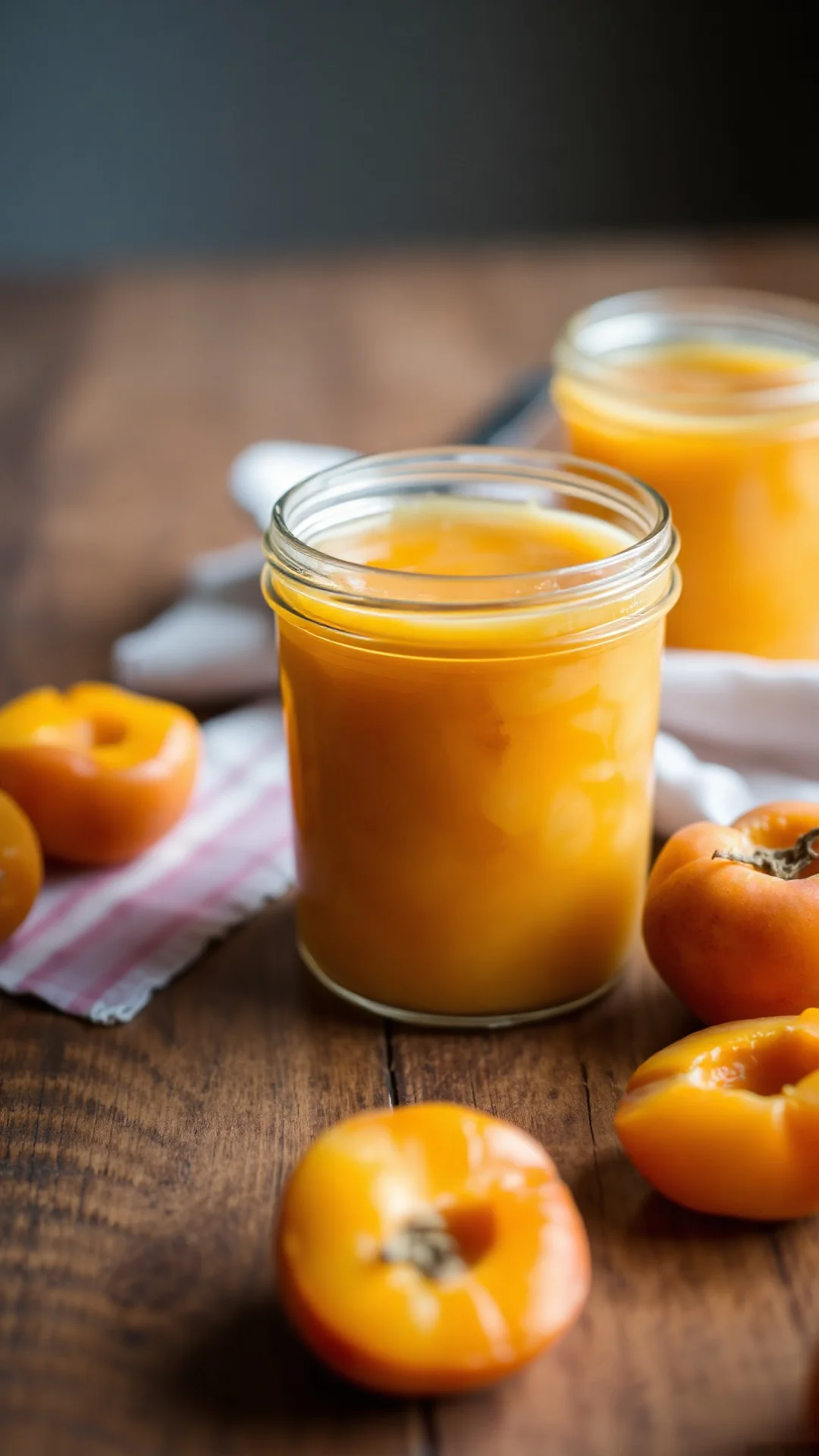 Close-up portrait of golden homemade apricot vanilla jam in glass jars, fresh apricots alongside, rustic wooden table, warm n