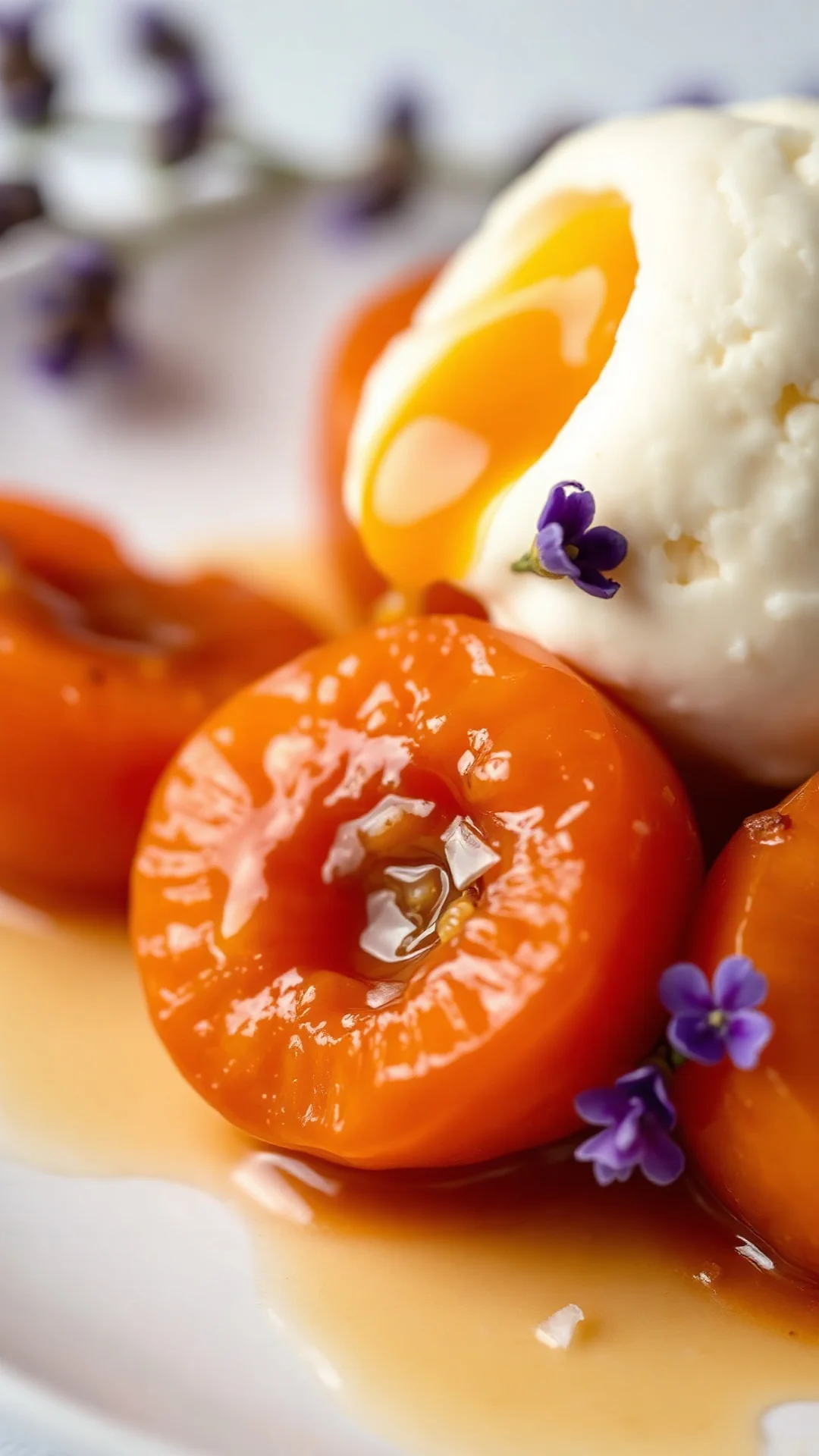 Close-up portrait of honey lavender roasted apricots on a white plate, caramelized golden glaze, melting vanilla ice cream, p