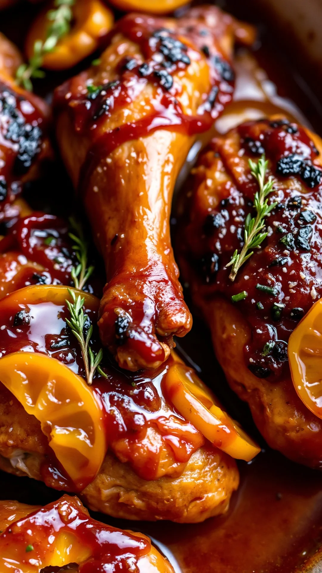 Close-up portrait of juicy roasted chicken thighs with caramelized fresh apricots, thyme and ginger glaze, oven dish, warm li