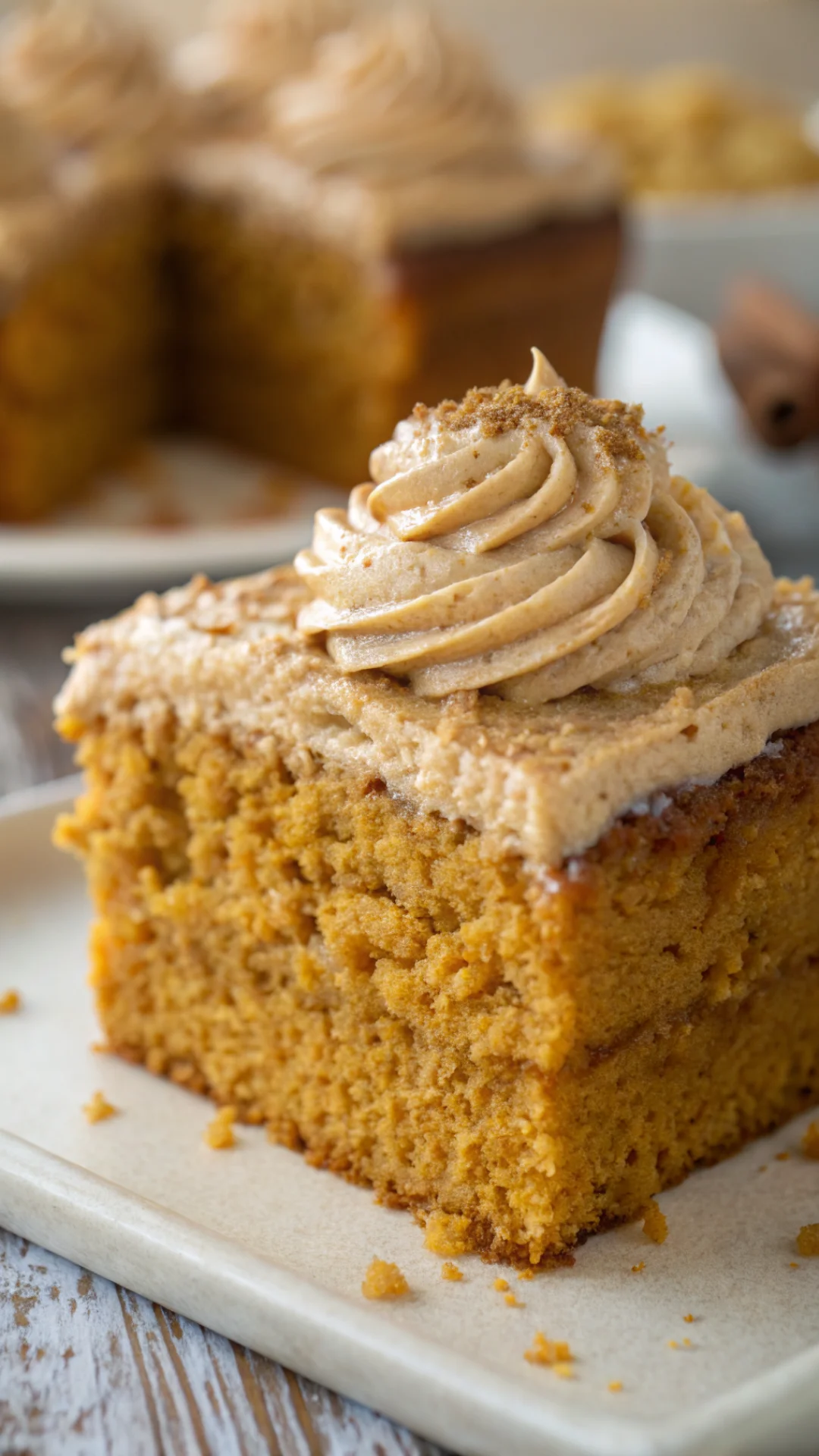 Close-up pumpkin cake texture, moist fluffy crumb, warm golden brown color, freshly baked, shallow depth of field, profession