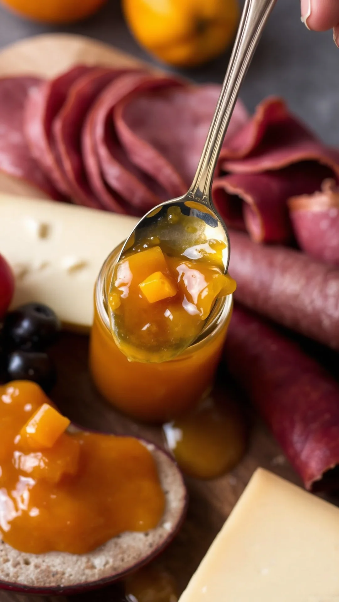 Close-up shot of golden apricot chutney on cheese board with aged cheddar and charcuterie. Spoon dripping thick amber preserv