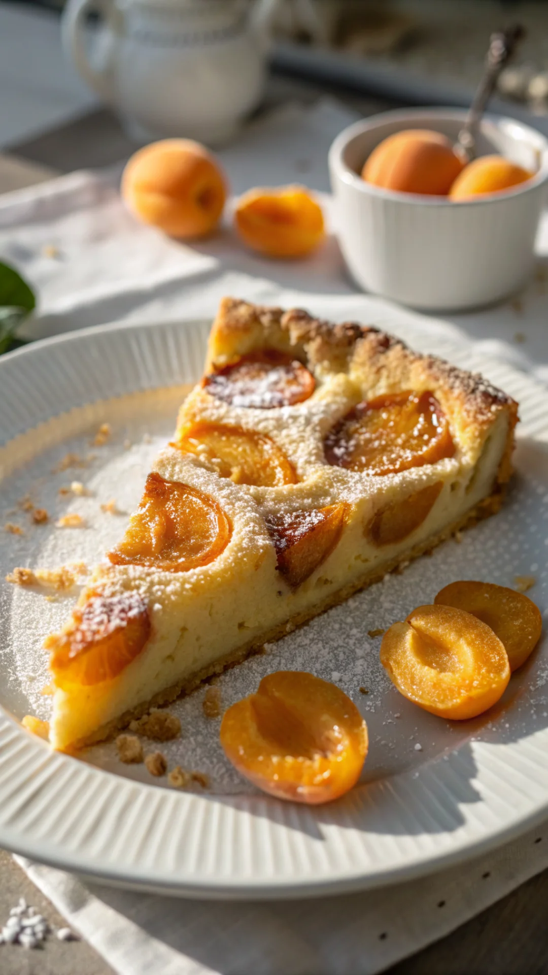 Close-up slice of apricot clafoutis on white plate, moelleux texture, fresh apricot halves visible, golden color, creamy fill