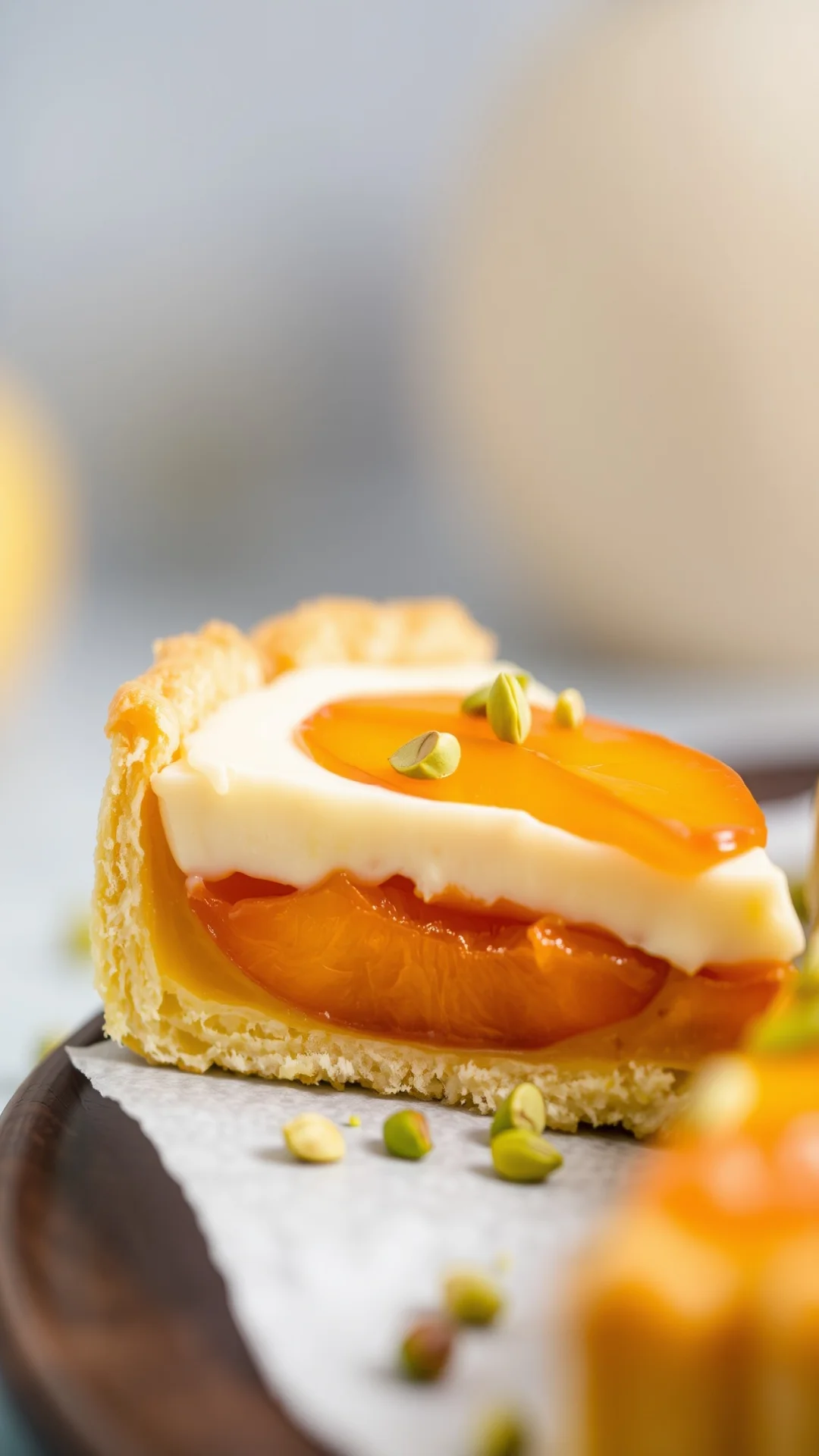 Close-up slice of apricot pistachio tart showing golden pastry crust, juicy apricot halves, creamy pistachio custard layer, g