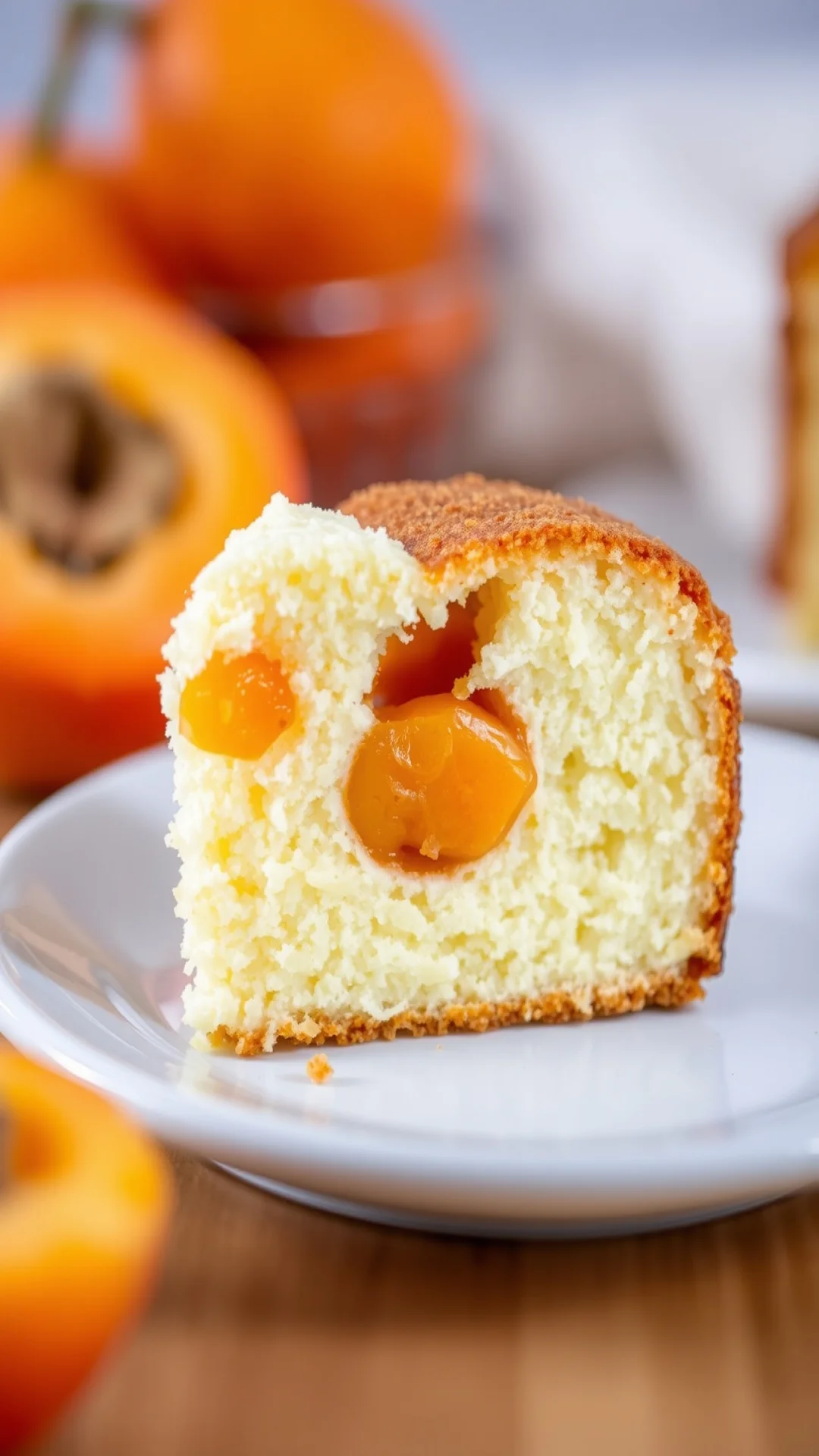 Close-up slice of soft fluffy apricot yogurt cake with apricot pieces, golden interior crumb, blurred apricots background, fo