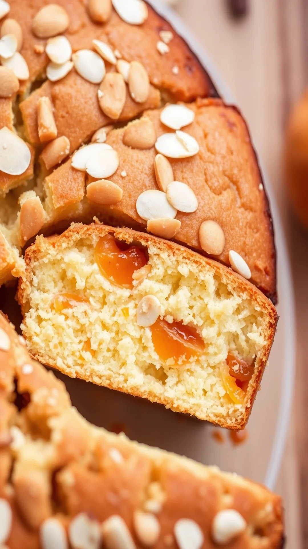 Close-up sliced apricot almond cake showing moist crumb texture, golden color, fresh apricots visible, overhead shot, soft fo