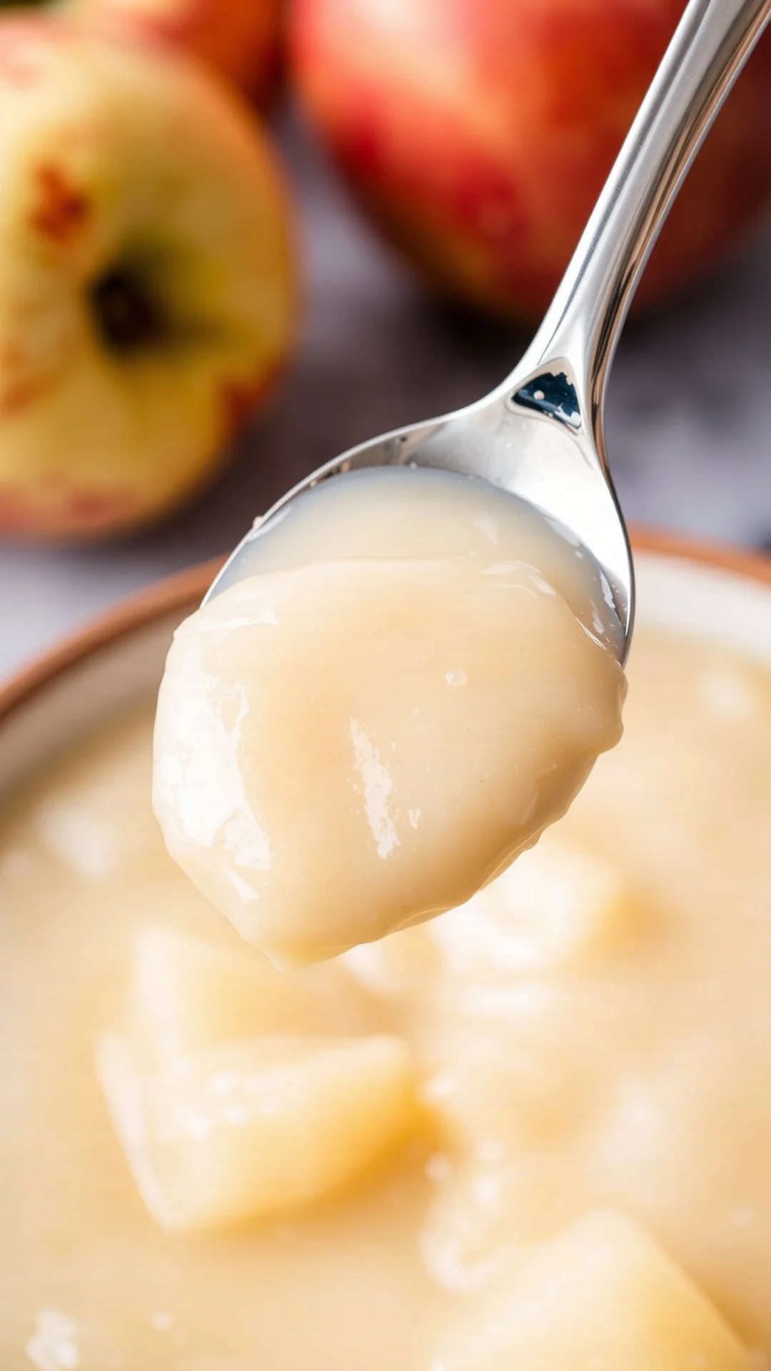 Close-up spoon lifting creamy smooth apple compote, soft beige color, fresh apples in background, natural kitchen lighting, m