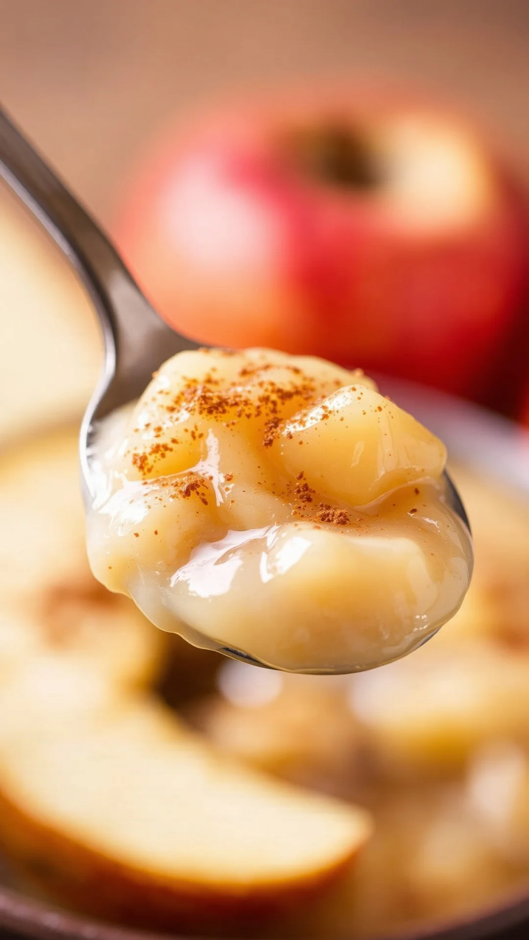 Close-up spoonful of creamy apple compote with cinnamon sprinkle, soft warm lighting, blurred apple background, appetizing te