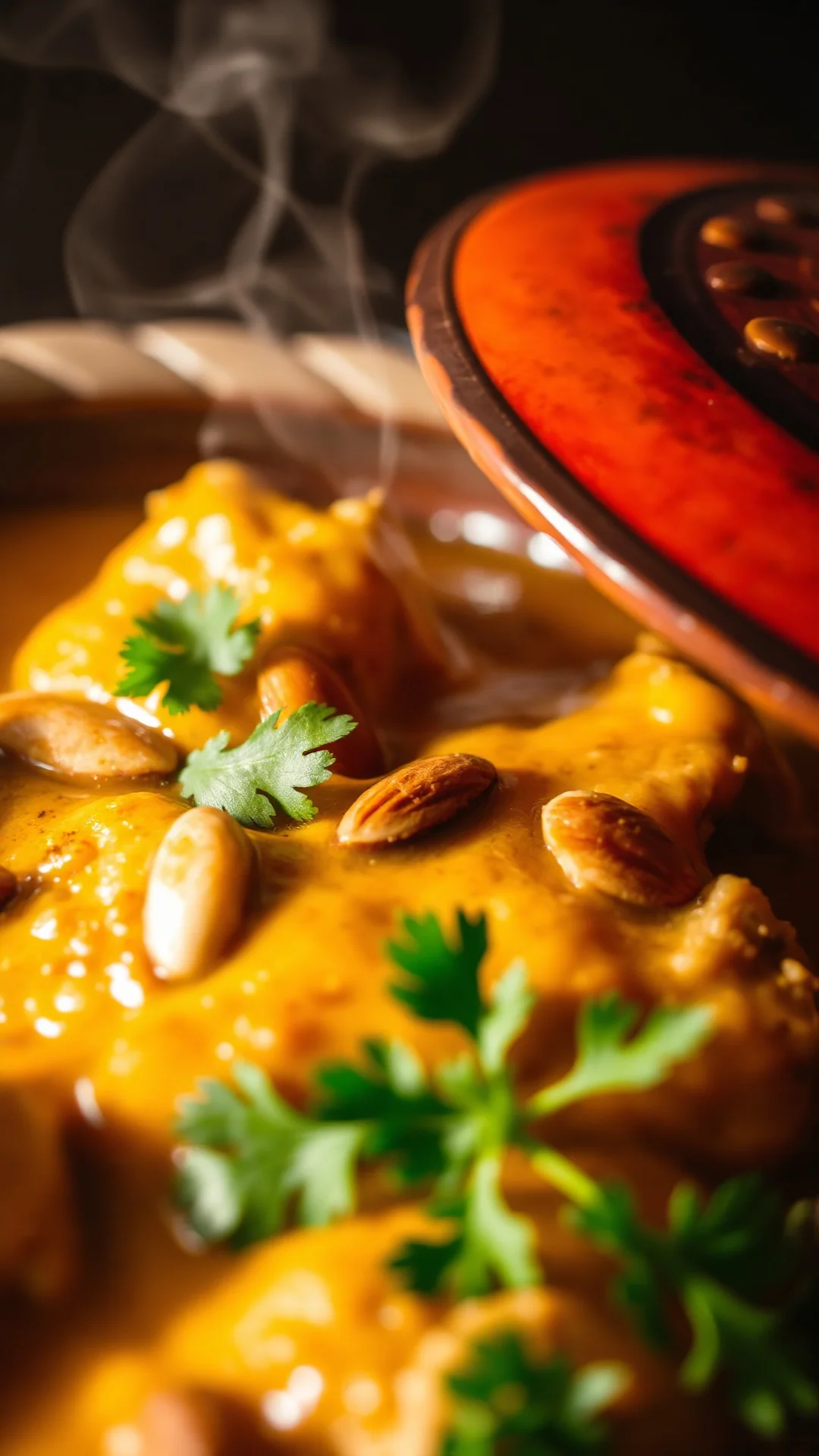 Close-up tajine poulet abricot amande, golden chicken pieces swimming in sauce, roasted almonds scattered on top, fresh coria