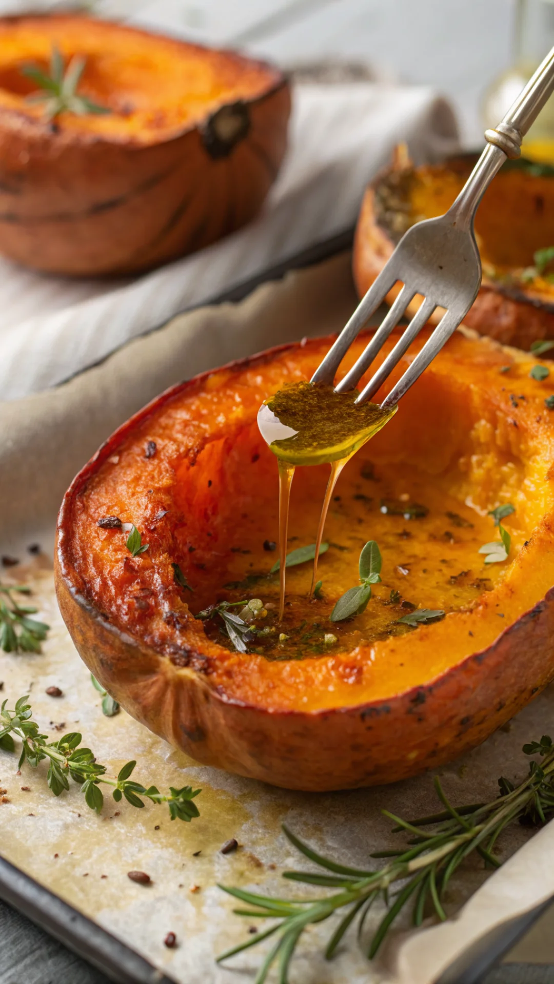 Close-up tender roasted potimarron flesh, creamy orange interior, dripping with golden olive oil, fresh herbs, fork piercing