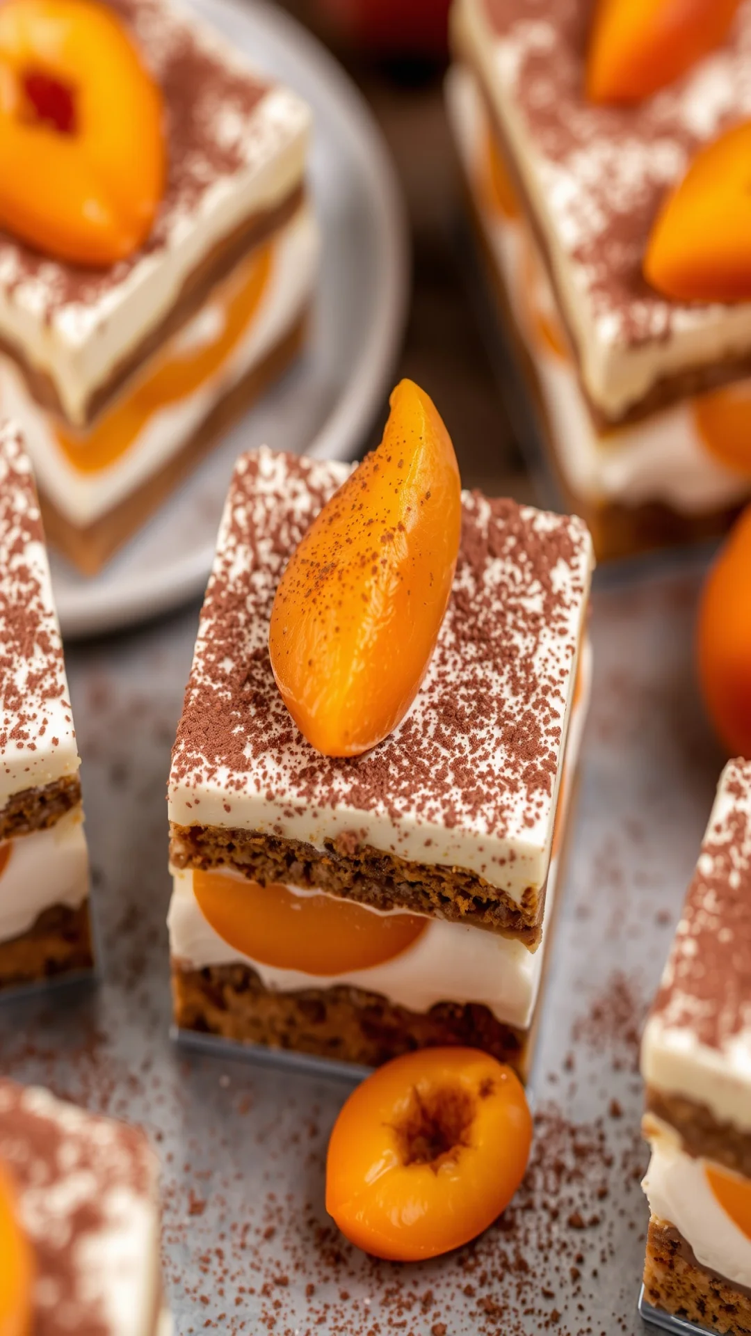 Close-up tiramisu apricot layers creamy mascarpone fresh apricot garnish cocoa powder dusting rich texture gourmet dessert de
