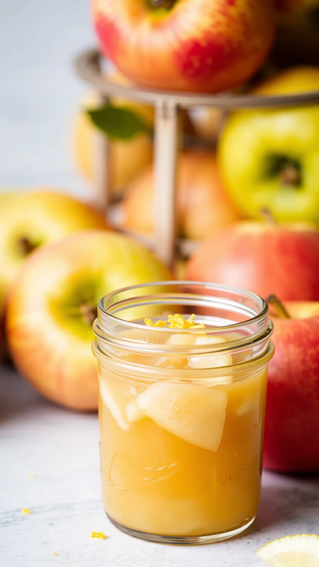 Close-up vertical shot of sugar-free apple compote in a small mason jar with lemon zest on top, fresh apples background, heal