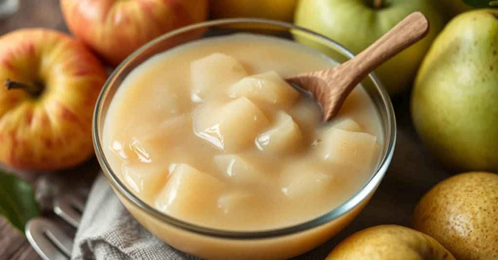 Creamy apple pear compote in a glass bowl, soft golden texture, fresh apples and pears around, rustic wooden spoon, natural l