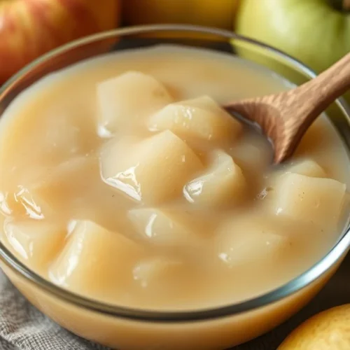Creamy apple pear compote in a glass bowl, soft golden texture, fresh apples and pears around, rustic wooden spoon, natural l