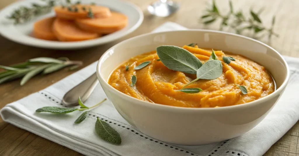 Creamy butternut squash puree in a white bowl with fresh sage garnish, autumn lighting, high-quality food photography