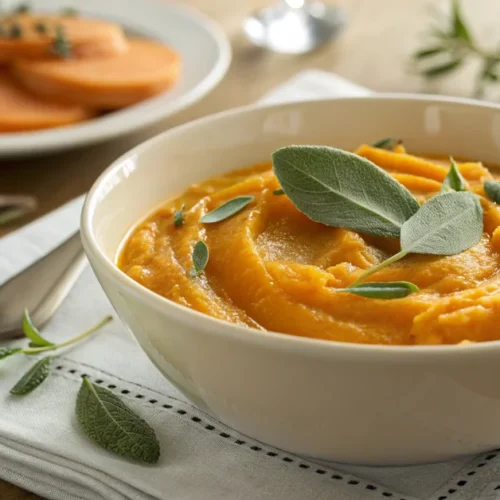 Creamy butternut squash puree in a white bowl with fresh sage garnish, autumn lighting, high-quality food photography