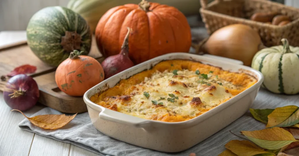 Creamy pumpkin and sweet potato gratin with golden cheese topping, rustic autumn vegetables dish, cozy fall food photography.