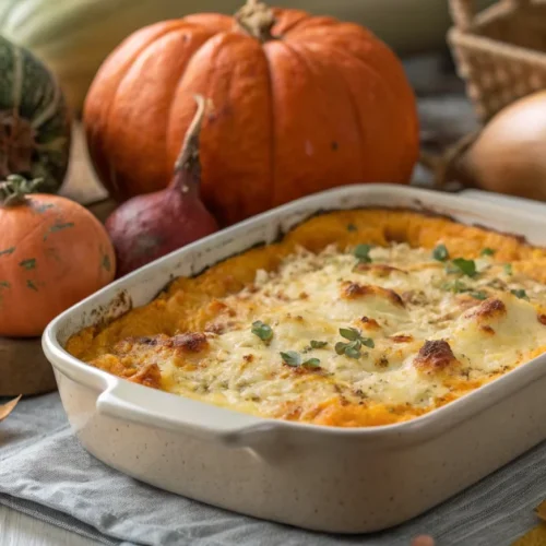 Creamy pumpkin and sweet potato gratin with golden cheese topping, rustic autumn vegetables dish, cozy fall food photography.