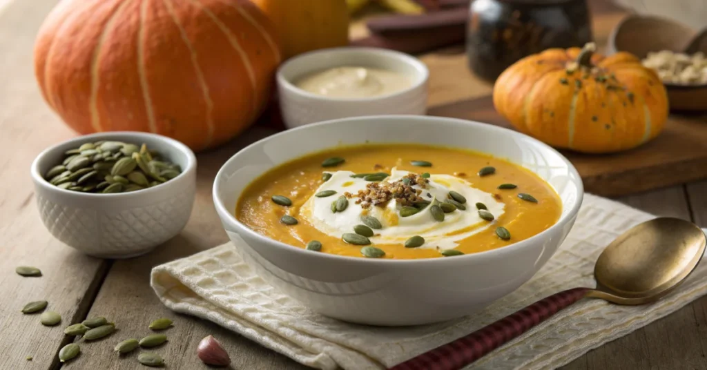 Creamy pumpkin potato soup in a white bowl, garnished with cream and seeds, autumn lighting, food photography