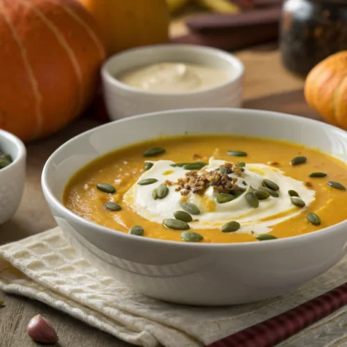 Creamy pumpkin potato soup in a white bowl, garnished with cream and seeds, autumn lighting, food photography