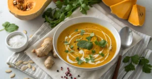 Creamy pumpkin soup with coconut milk in a white bowl, garnished with cilantro, ginger slice, and coconut cream drizzle, autu