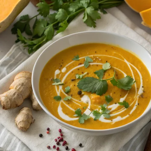 Creamy pumpkin soup with coconut milk in a white bowl, garnished with cilantro, ginger slice, and coconut cream drizzle, autu