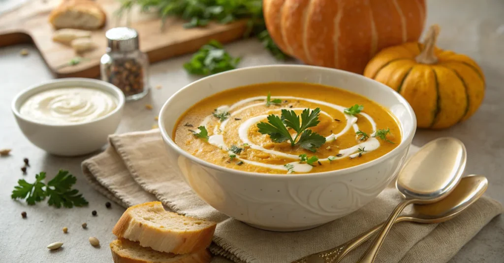 Creamy roasted pumpkin soup in white bowl with cream swirl, fresh parsley garnish, warm autumn lighting, cozy home setting, p