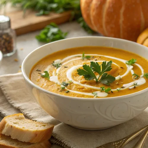 Creamy roasted pumpkin soup in white bowl with cream swirl, fresh parsley garnish, warm autumn lighting, cozy home setting, p