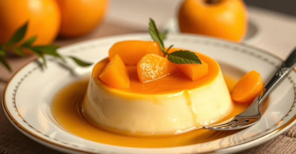 Delicate apricot flan dessert with smooth creamy texture, topped with fresh apricot pieces, elegant plating, warm golden ligh