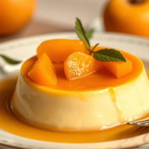 Delicate apricot flan dessert with smooth creamy texture, topped with fresh apricot pieces, elegant plating, warm golden ligh