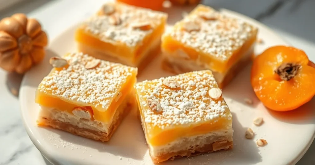 Delicate apricot IG-friendly dessert squares with fresh apricot pieces, dusted with almond flour, golden pastry color, elegan