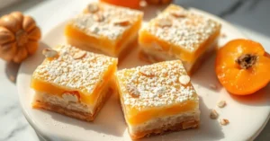 Delicate apricot IG-friendly dessert squares with fresh apricot pieces, dusted with almond flour, golden pastry color, elegan