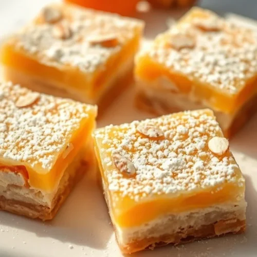 Delicate apricot IG-friendly dessert squares with fresh apricot pieces, dusted with almond flour, golden pastry color, elegan