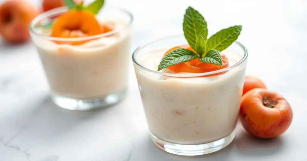 Elegant apricot mousse in glass cups, airy light texture, garnished with fresh apricots and mint leaves, professional food ph