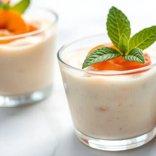 Elegant apricot mousse in glass cups, airy light texture, garnished with fresh apricots and mint leaves, professional food ph