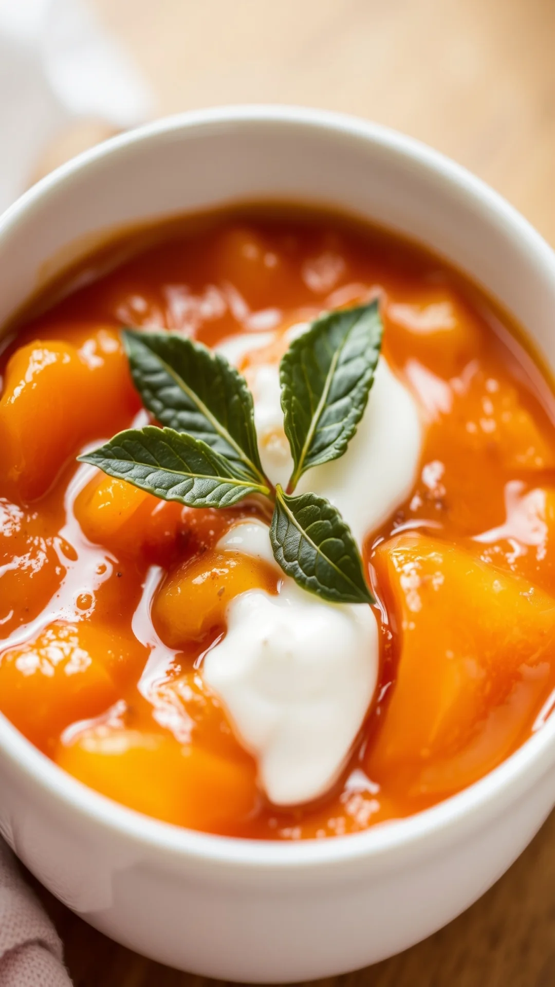 Elegant close-up portrait of a smooth dried apricot compote with cinnamon and cardamome served in a white ceramic bowl, toppe