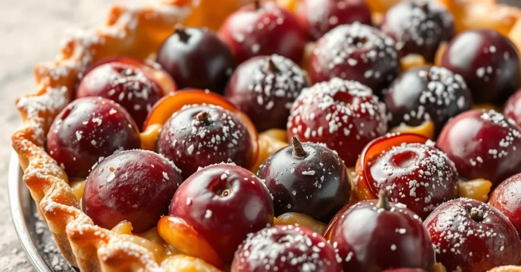 Elegant French plum tart with golden crispy pastry, fresh purple plums arranged in neat rows, honey glaze, dusted with powder