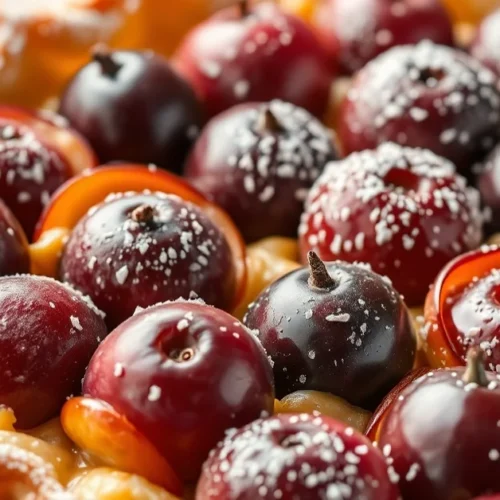 Elegant French plum tart with golden crispy pastry, fresh purple plums arranged in neat rows, honey glaze, dusted with powder