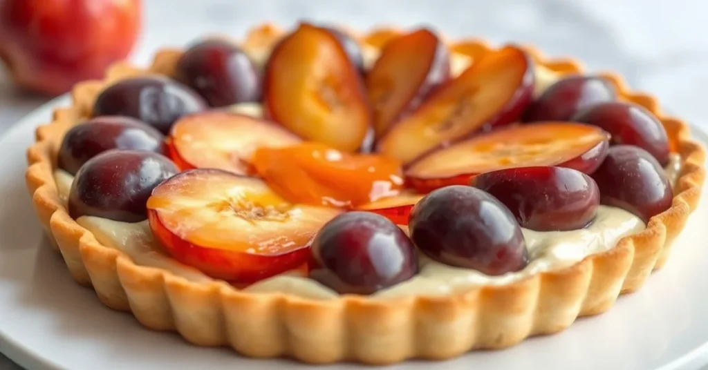 Elegant French plum tart with pastry cream, golden crust, glossy plums arranged in spiral, garnished with apricot glaze, fine