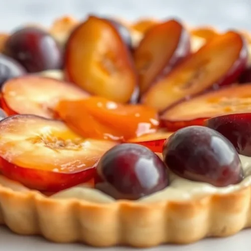 Elegant French plum tart with pastry cream, golden crust, glossy plums arranged in spiral, garnished with apricot glaze, fine