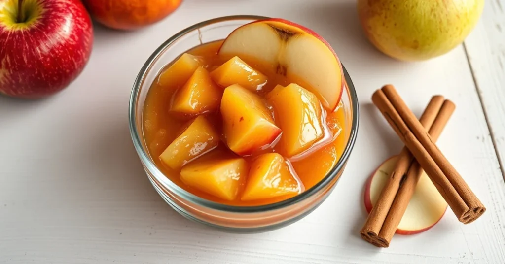 Fresh homemade apple compote in a glass bowl, garnished with cinnamon stick and fresh apple slices, natural soft lighting, ru
