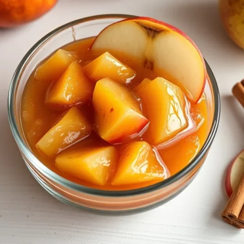 Fresh homemade apple compote in a glass bowl, garnished with cinnamon stick and fresh apple slices, natural soft lighting, ru