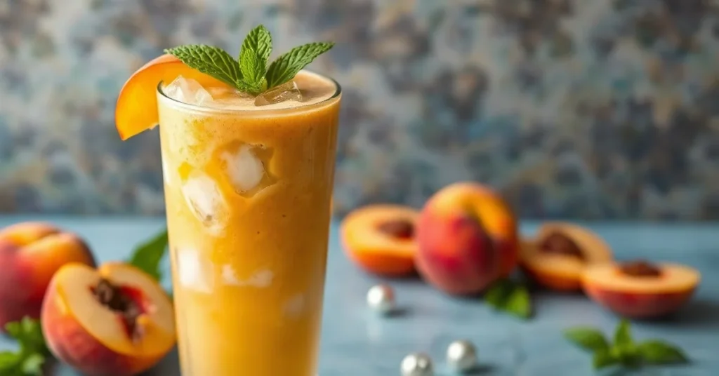 Fresh peach apricot smoothie in a tall glass with ice cubes, garnished with fresh fruit slices and mint leaf, tropical summer
