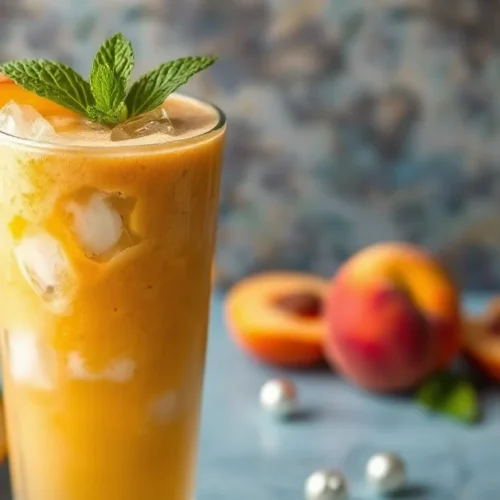 Fresh peach apricot smoothie in a tall glass with ice cubes, garnished with fresh fruit slices and mint leaf, tropical summer