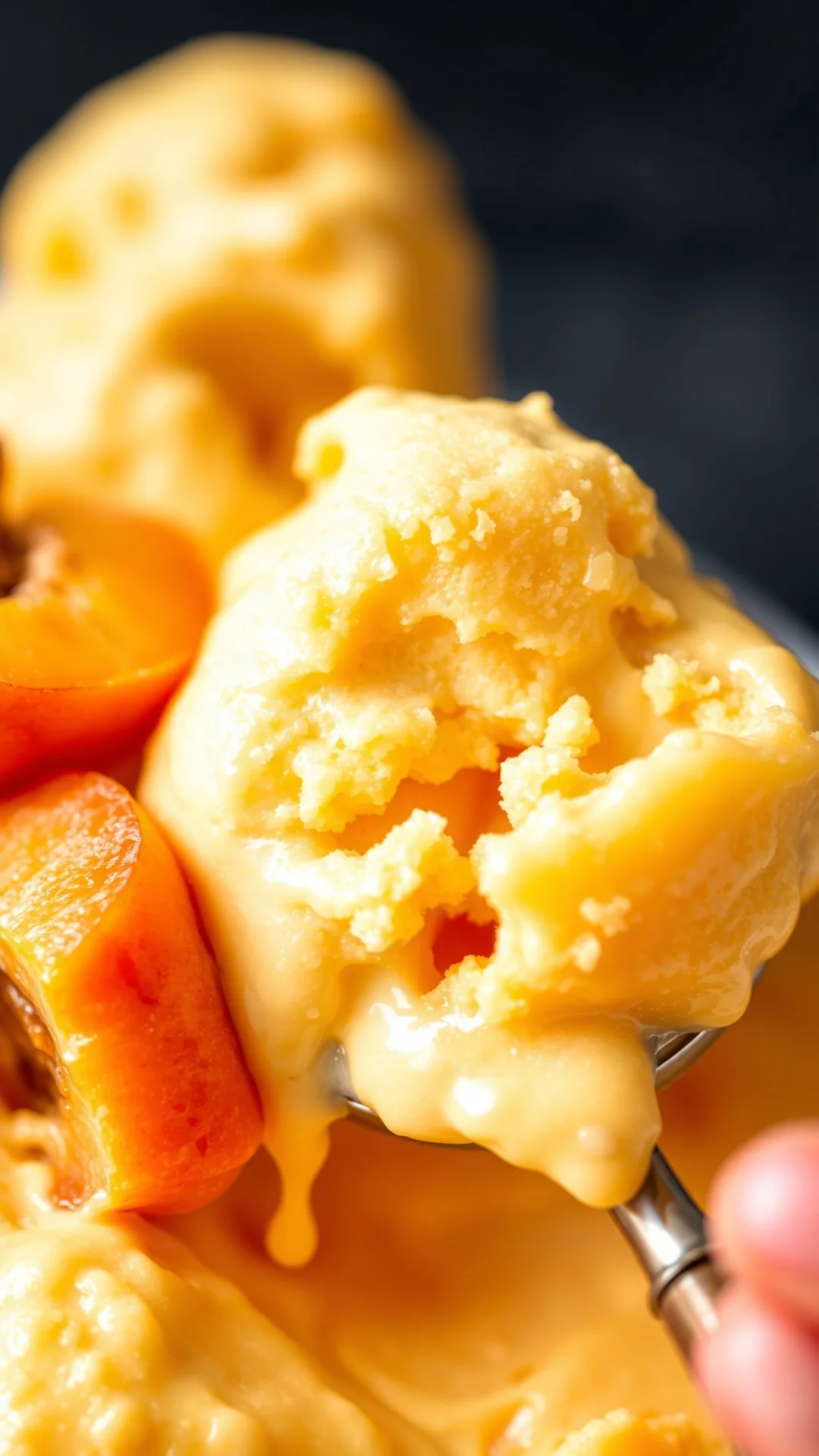 Golden apricot ice cream scoop with fresh apricots, rich creamy texture, melting details, summer dessert close-up portrait or