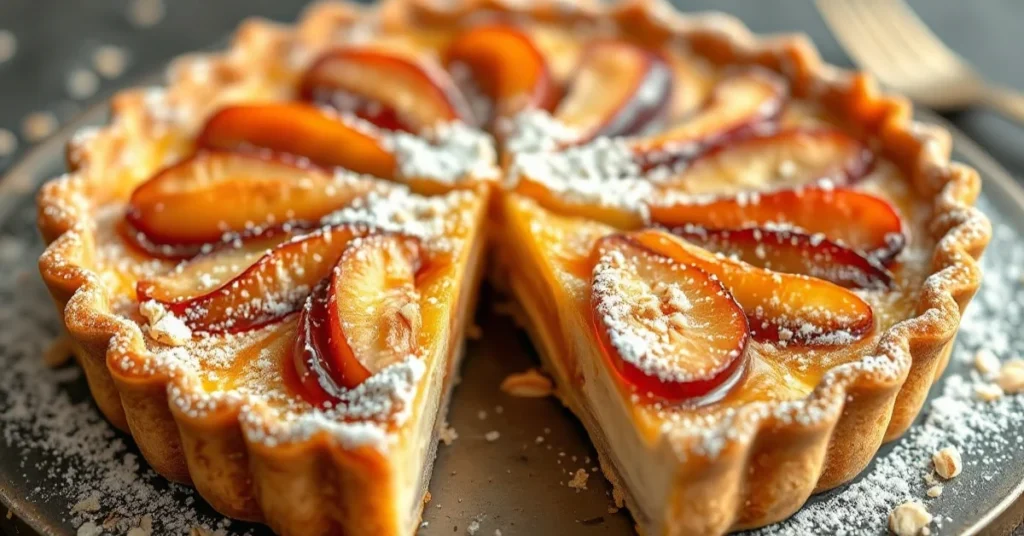 Golden baked almond plum tart, freshly sliced, showing creamy almond filling and caramelized plums, dusted with powdered suga