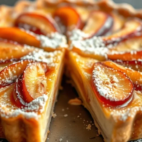 Golden baked almond plum tart, freshly sliced, showing creamy almond filling and caramelized plums, dusted with powdered suga