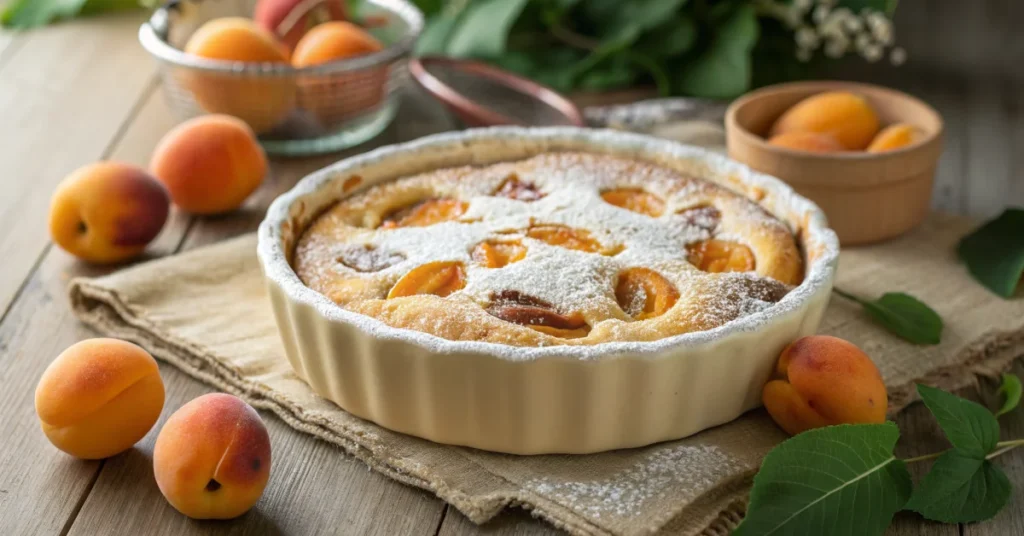 Golden baked apricot clafoutis in ceramic baking dish, fresh apricots, warm lighting, French dessert, dusted with powdered su
